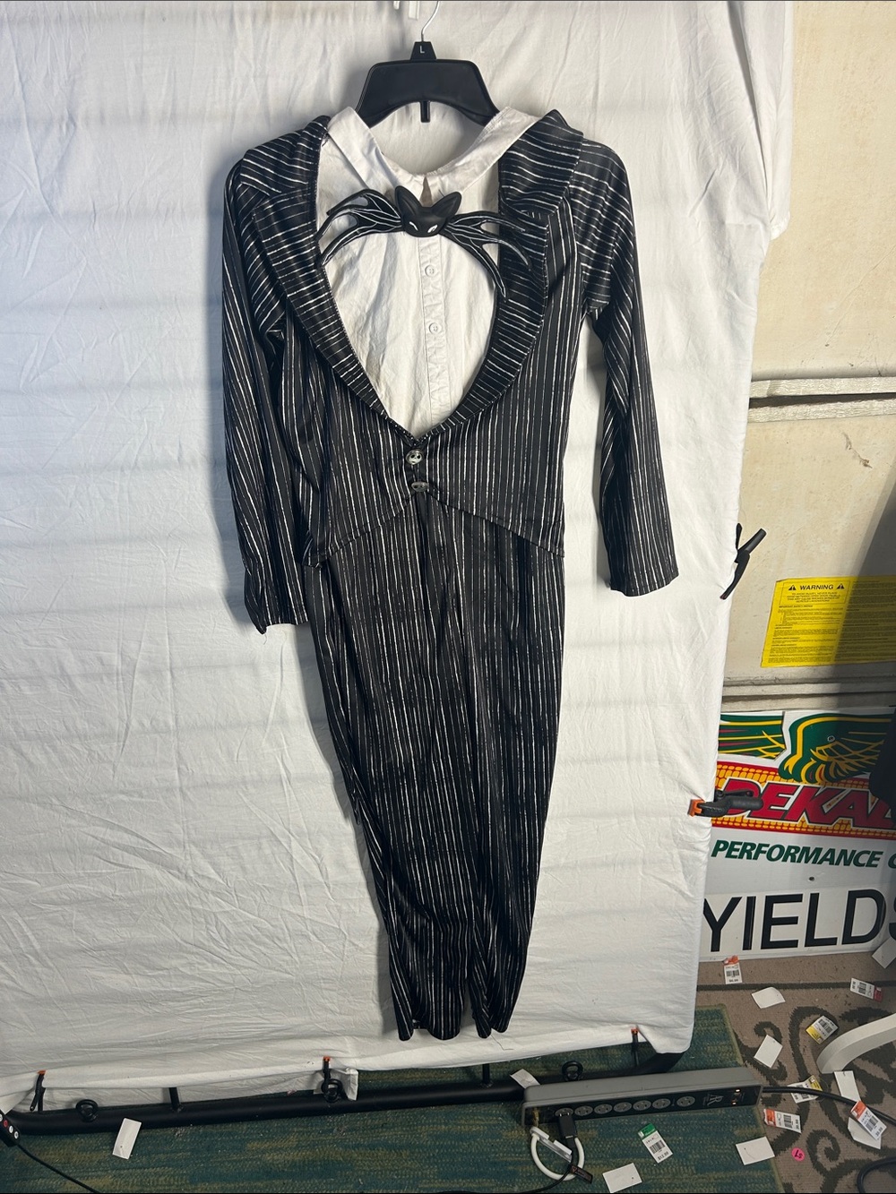 Black Pinstripe Long-Sleeve Tuxedo-Style Dress with White Bib